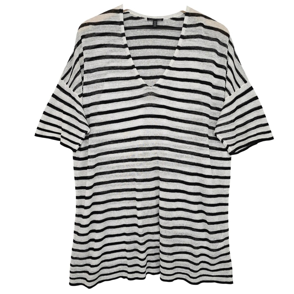 Eileen Fisher Shirt Womens L Striped Organic Linen V‎ Neck Pullover Light Knit
